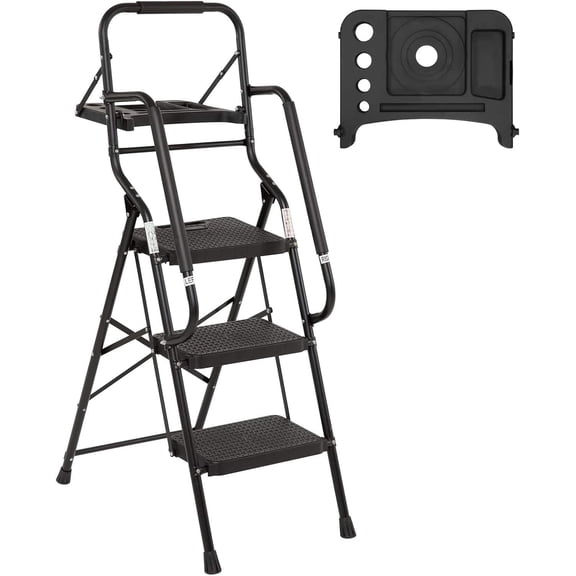 3-Step Folding Step Stool with Handrails and Tool Platform, 330 lb Capacity, Steel Frame, Non-Marring Feet