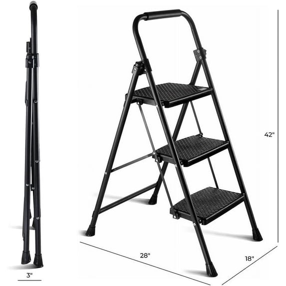 3-Step Folding Stool with Wide Anti-Slip Pedal, Lightweight Portable ...