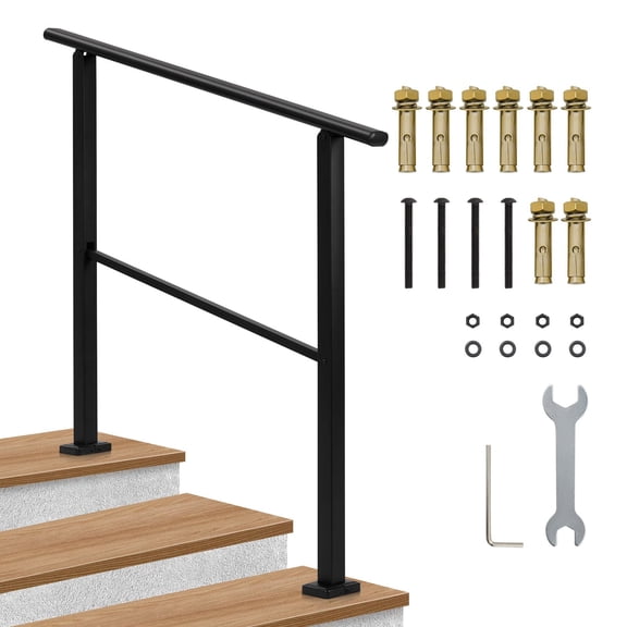 3 Step Handrail for Outdoor, Iron Stair Railing for Concrete Steps, Porch Steps, Adjustable, Easy to Install, Black