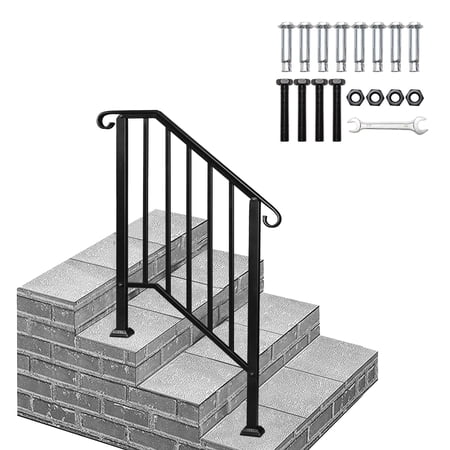 3 Step Handrails for Outdoor Steps, Fit 2 or 3 Steps Outdoor Stair Railing for Concrete Steps, Black Wrought Iron Railing, Exterior Hand Railing for Steps Adjustable Metal Hand Rails for Deck Porch