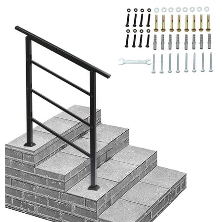 3 Step Handrails for Outdoor Steps, Wrought Iron Stair Railing Fits 1 to 3 Steps, Metal Hand Rail with Installation Kit, Staircase Handrails for Concrete, Porch, Deck, Exterior Steps, Black