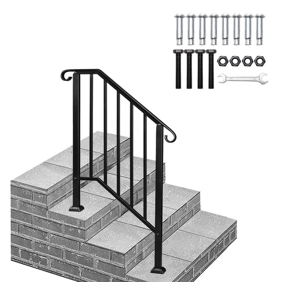3 Step Handrails for Outdoor Steps, Wrought Iron Stair Railing Fits 2 or 3 Steps, Metal Hand Rail with Installation Kit, Staircase Handrails for Concrete, Porch, Deck, Exterior Steps, Black