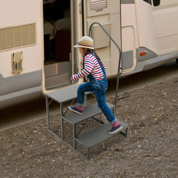 3-Step Heavy Duty Steel Ladder with Handrail - Safe & Stable for Elderly, Adults, and Families - Non-Slip, Easy to Install, Indoor/Outdoor Use, 450lbs Capacity