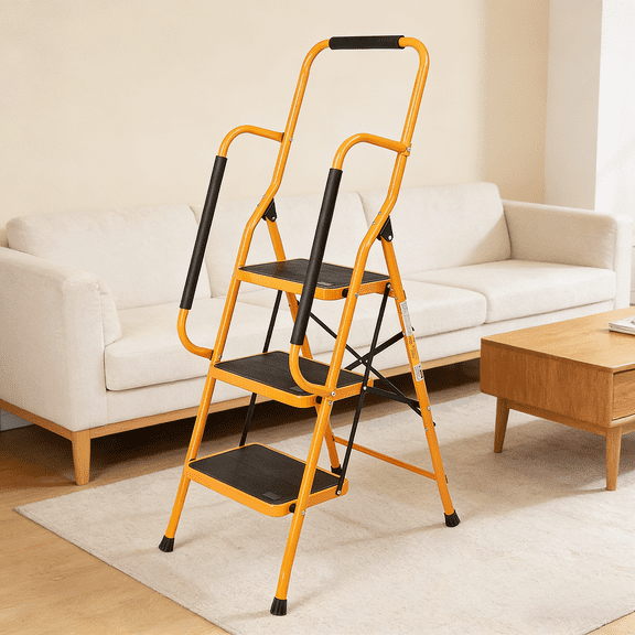 3 Step Ladder 330 lbs Capacity Heavy Duty Iron Folding Step Stool with Safety Lock & Wide Platform, Portable Lightweight Step Stool for Home Kitchen Garage Office Reaching High Shelves