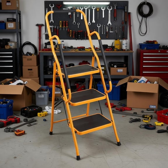 3 Step Ladder 330 lbs Capacity Heavy Duty Iron Folding Step Stool with Safety Lock & Wide Platform, Portable Lightweight Step Stool for Home Kitchen Garage Office Reaching High Shelves