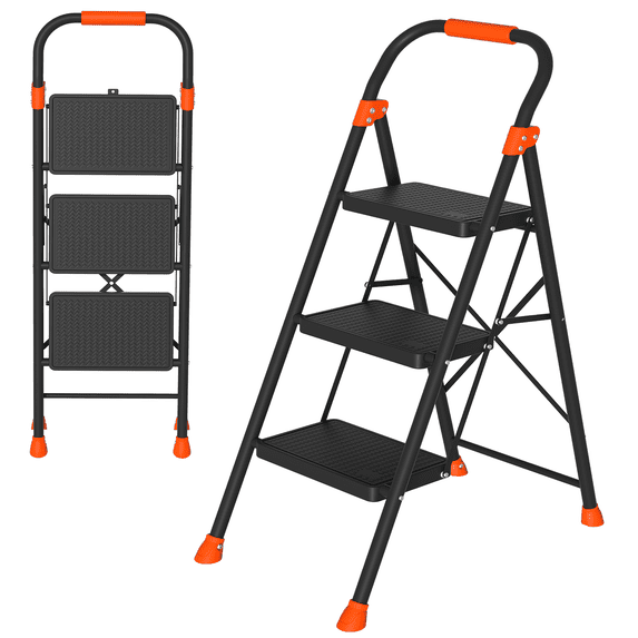 3 Step Ladder, 900 lbs Capacity Heavy Duty Step Stool with Safety Lock, Black Sturdy Step Ladder with Wide Anti-Slip Pedal, Folding Step Stool with Orange Cushioned Handle for Kitchen, Home & Garage