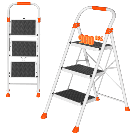 3 Step Ladder, 900 lbs Capacity Heavy Duty Step Stool with Safety Lock, White Sturdy Step Ladder with Wide Anti-Slip Pedal, Folding Step Stool with Orange Cushioned Handle for Kitchen, Home & Garage