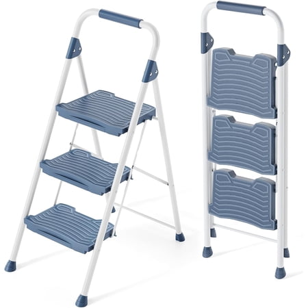 3 Step Ladder, 900lbs Sturdy Step Stool with Handrail, Non-Skid Wide Pedals, Foldable 3 Stepladder with Safety Locking for Home, Garage, Garden, Office, Blue