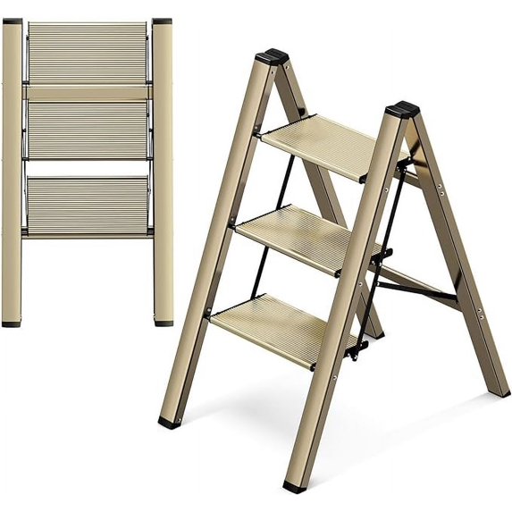 3 Step Ladder, Aluminum Alloy Ladder, Folding Ladder with Wide Non-Skid Pedals 300 Lb Capacity Home Office Portable Ladder, Lightweight Compact Stepladder, Space Saving, Champagne Gold