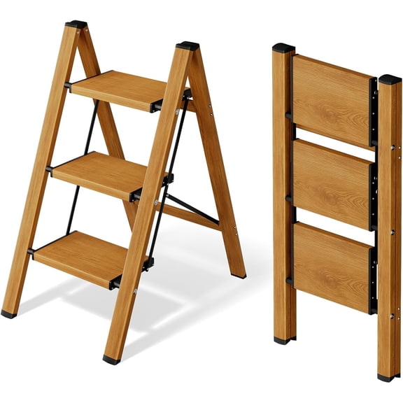 3 Step Ladder,Aluminum Folding Step Stool for Adults,Step Ladder with Wide Anti-Slip Pedal,330 lbs Capacity for Home,Office,Kitchen,Library(Woodgrain)