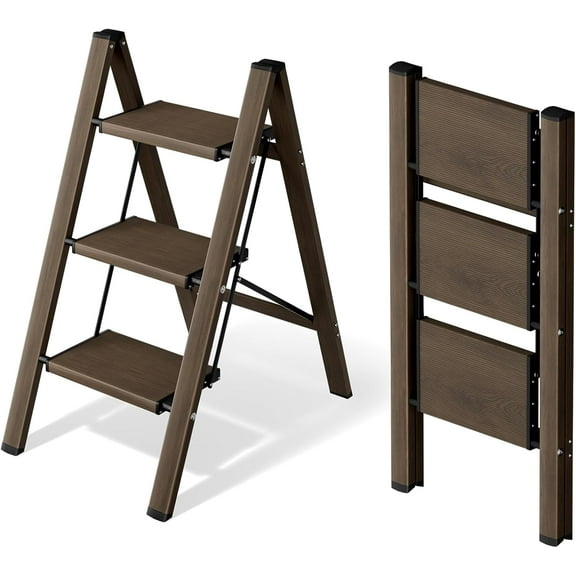 3 Step Ladder,Aluminum Folding Step Stool for Adults,Step Ladder with Wide Anti-Slip Pedal,330 lbs Capacity for Home,Office,Kitchen,Library(Walnut)