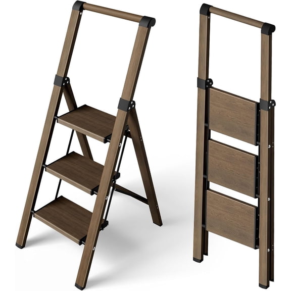 3 Step Ladder,Aluminum Lightweight Folding 3 Step Stool with Anti-Slip Wide Pedal, 330lbs Capacity Step Ladder for Household,Kitchen,Office - BlackWoodgrain