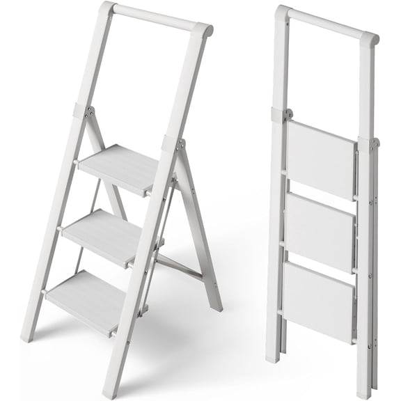 3 Step Ladder,Aluminum Lightweight Folding 3 Step Stool with Anti-Slip Wide Pedal, 330lbs Capacity Step Ladder for Household,Kitchen,Office - BlackWoodgrain