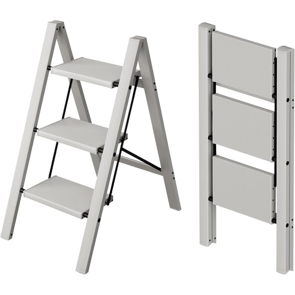 3 Step Ladder,Aluminum Lightweight Folding 3 Step Stool with Anti-Slip Wide Pedal,330lbs Capacity Step Ladder for Household,Kitchen,Office - Misty Gray
