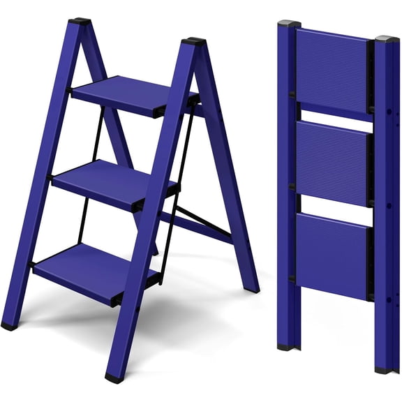 3 Step Ladder,Aluminum Lightweight Folding 3 Step Stool with Anti-Slip Wide Pedal,330lbs Capacity Step Ladder for Household,Kitchen,Office - Blue