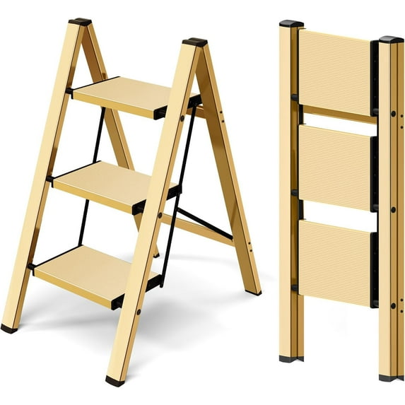 3 Step Ladder,Aluminum Lightweight Folding 3 Step Stool with Anti-Slip Wide Pedal,330lbs Capacity Step Ladder for Household,Kitchen,Office - Gold