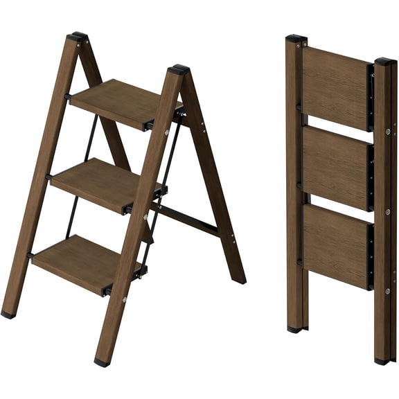 3 Step Ladder,Aluminum Lightweight Folding 3 Step Stool with Anti-Slip Wide Pedal,330lbs Capacity Step Ladder for Household,Kitchen,Office - Walnut