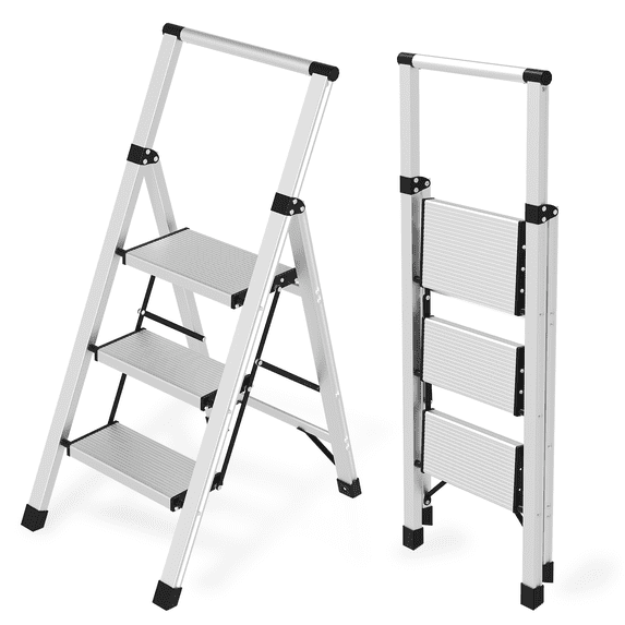 3 Step Ladder Aluminum Lightweight Folding Step Stool, 600lbs Max Load Heavy Duty Step Stool with Safety Handrail, Slim Foldable Kitchen Stool for Home Outdoor Work(Sliver)