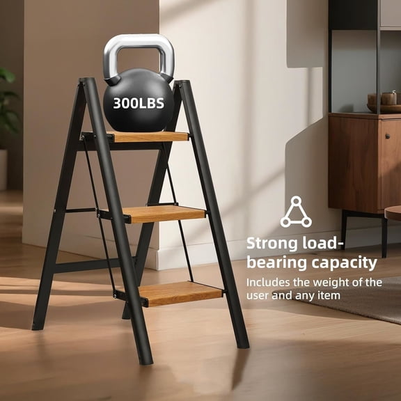 3 Step Ladder, Anti-Slip and Lightweight Foldable Step Stool for Adults to Use in Kitchen, Closet and Library, 300lbs(Black&Woodgrain)