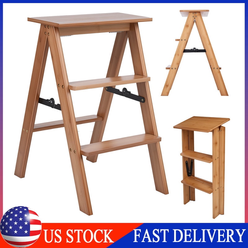 3-Step Ladder, Bamboo Step Stool, Wooden Foldable Step Stool, 200 Lbs ...