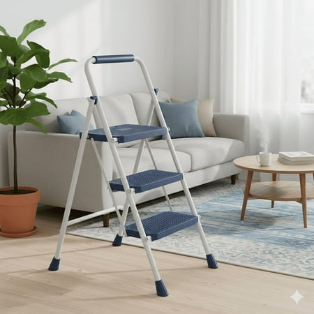 3 Step Ladder, Foldable Lightweight Step Stool, Anti-Slip Pedal, Rubber Handle, Automatic lock, Ladder for Home Kitchen, Living room, Office,Blue