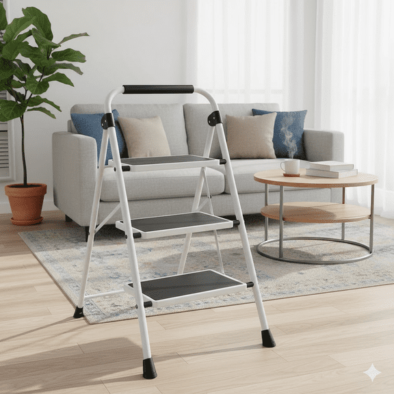 3 Step Ladder, Foldable Lightweight Step Stool, Anti-Slip Pedal, Rubber Handle, Automatic lock, Ladder for Home Kitchen, Living room, Office, Gray