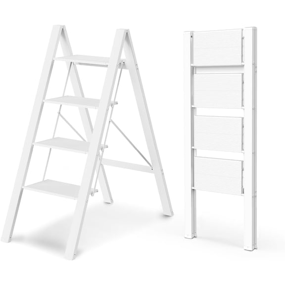 3 Step Ladder, Foldable Step Stool, Lightweight Ladder for Home Kitchen Closet, Anti-Slip Aluminum Pedals, Ease of Folding, Portable, 300lbs Capacity - White