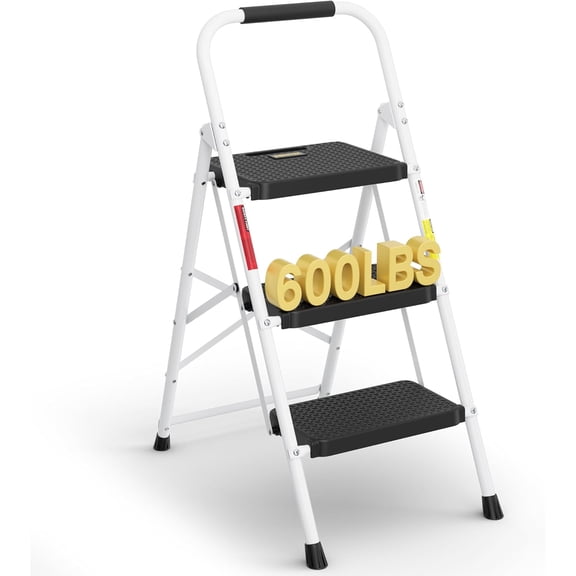 3-Step Ladder, Folding Step Stool, 600lbs Max Load Capacity, Sturdy Steel, Non-Slip Pedals, Lightweight, Portable Steel Ladder with Convenient Handrail, Safety Design for Home & Work, White