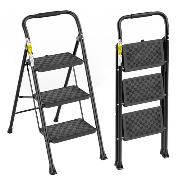 Jocauto 3 Step Ladder, Folding Step Stool for Adults with Anti-Slip Pedals & Cushioned Handle, Non-Slip Feet, Sturdy Steel Frame for Kitchen, Household Use, Black