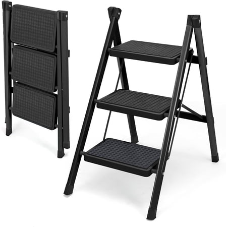 3 Step Ladder, Folding Step Stool for Adults, Lightweight Aluminum Step Ladder, Portable 330 LBS Capacity Ladders for Home Kitchen Library Office, Small Step Stools with Anti-Slip Wide Pedals