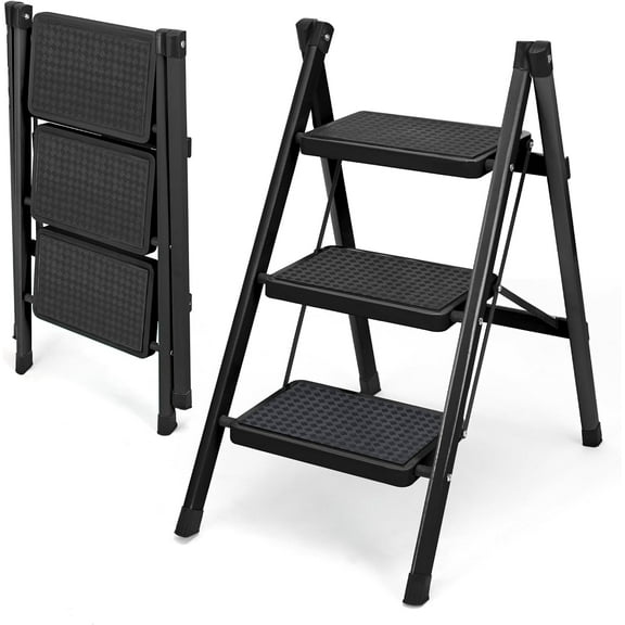 3 Step Ladder, Folding Step Stool for Adults, Lightweight Aluminum Step Ladder, Portable 330 LBS Capacity Ladders for Home Kitchen Library Office, Small Step Stools with Anti-Slip Wide Pedals