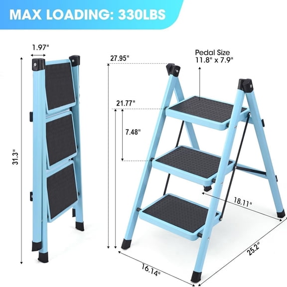 3 Step Ladder, Folding Step Stool for Adults, Lightweight Aluminum Step Ladder, Portable 330 LBS Capacity Ladders for Home Kitchen Library Office, Small Step Stools with Anti-Slip Wide Pedals, Blue