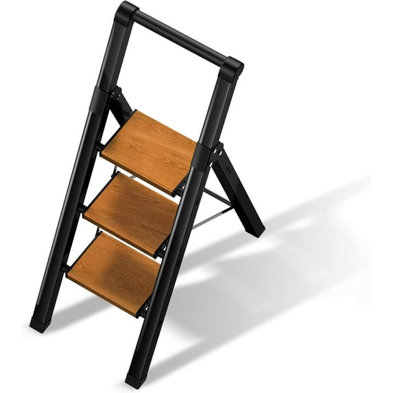 3 Step Ladder,Folding Step Stool with Aluminum Wide Pedal& Convenient Handgrip,330lbs Capacity Steel Ladder for Household and Office(Black &Woodgrain)
