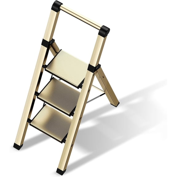 3 Step Ladder, Folding Step Stool with Aluminum Wide Pedal& Convenient Handgrip, 330lbs Capacity Steel Ladder for Household and Office (Champagne Gold)