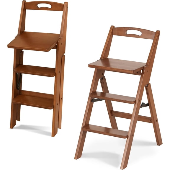 3 Step Ladder Folding Step Stool with Handle, Wooden Step Stool Foldable and Kitchen Step Stools for Adults, Closet Stepstool & Collapsible Stool for Kitchen, Home, Indoor（FSC-Certified Bamboo）