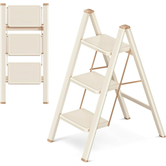 3 Step Ladder Folding Step Stool with Wide Anti-Slip Pedal, 330LBS Capacity, Lightweight Portable Stepladder for Home and Kitchen Use, Cream Chocolate