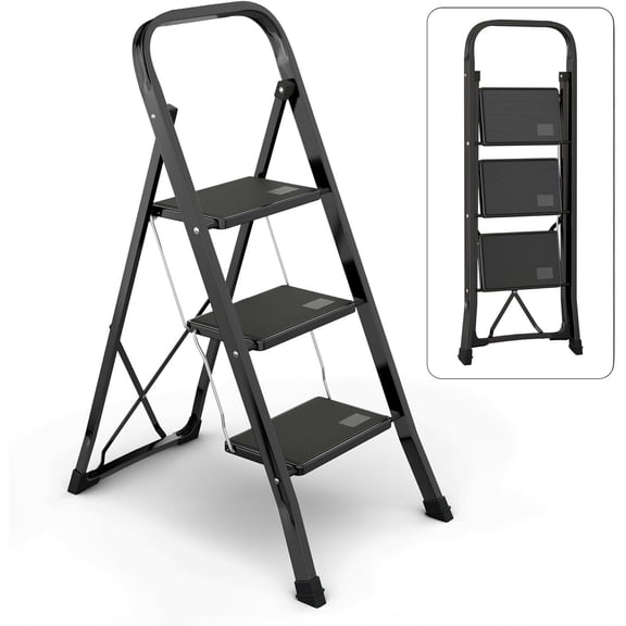 3 Step Ladder Folding Step Stool with Wide Anti-Slip Pedal, Convenient Handgrip, Portable Steel Step Stool, 300 lbs Sturdy Steel Ladder for Household and Office, Black