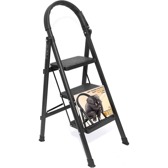 3 Step Ladder, Folding Step Stool with Wide Anti-Slip Pedal, Sturdy Step Ladder Foldable, Lightweight Portable Steel Step Stool for Kitchen, Home (Black, 3-Step)