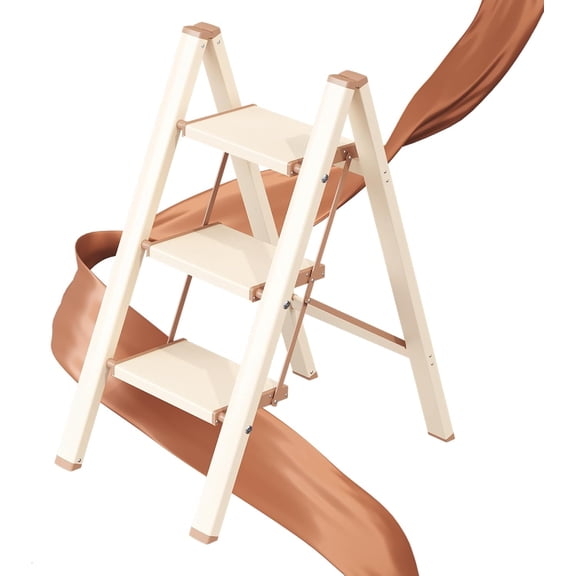 3 Step Ladder, Folding Step Stool with Wider Pedal, Anti-Slip Feet & Non Slip Stripes, Aluminum Sturdy Material, 300Lbs Capacity, Elegant Look of Cream Chocolate Better Matches Your Home