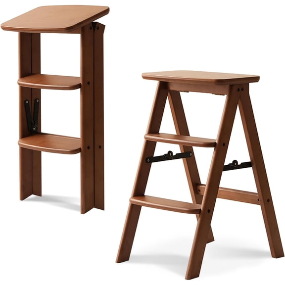 3 Step Ladder Folding Step Stool, Wooden Step Stool Foldable, Folding Step Stools for Adults, Bamboo Kitchen Ladder, Three Stepladder for Library (Brown, FSC-Certified Bamboo)
