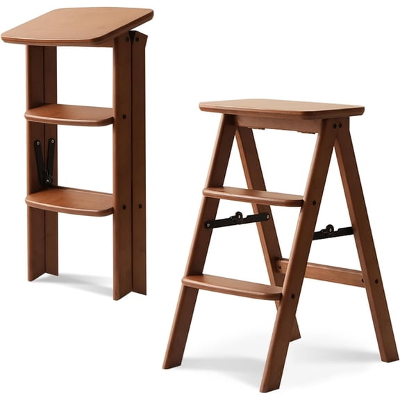 3 Step Ladder Folding Step Stool, Wooden Step Stool Foldable, Folding Step Stools for Adults,  Kitchen Ladder, Three Stepladder for Library (Brown, FSC-Certified )