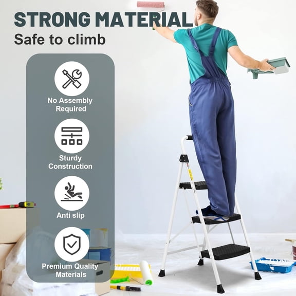 3 Step Ladder, Folding Step Stool for Adults with Handle, Lightweight, Perfect for Kitchen& Household, 500lbs Capacity Sturdy Steel Ladder White