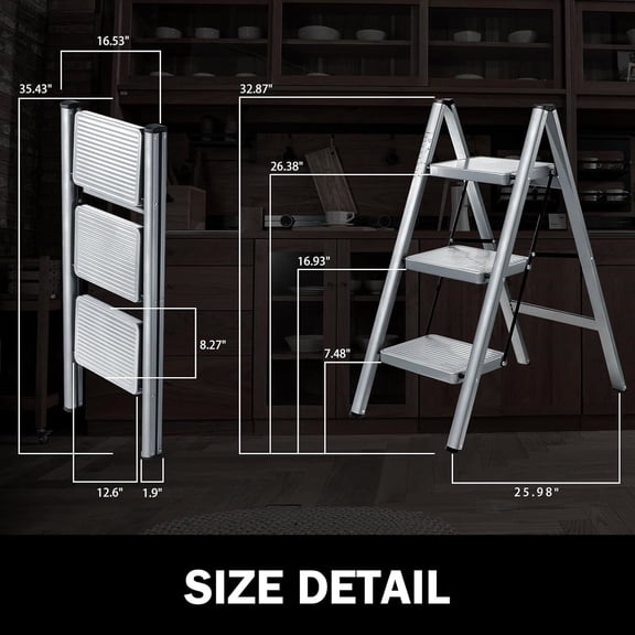 3 Step Ladder, Folding Step Stool with Anti-Slip Wide Pedal, Portable Sturdy Steel Ladder 3 Steps, 330lbs Safety Kitchen & Household Ladder