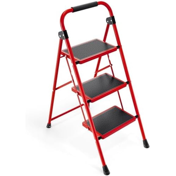 3 Step Ladder, Folding Step Stool with Anti-Slip and Wide Pedal, Lightweight Stepladder with Handrails, Portable for Kitchen, Household, Red