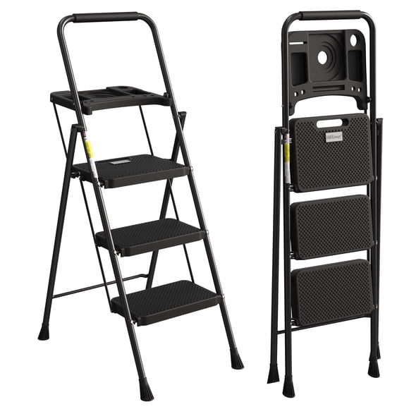 Jocauto 3 Step Ladder, Folding Step Stool with Tool Tray, Wide Anti-Slip Pedal and Anti-Slip Feet, 330lbs Capacity Steel Ladder for Home Office, Black