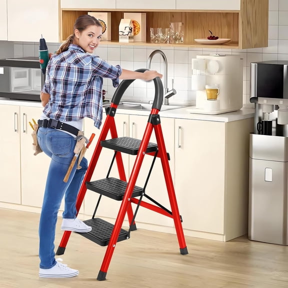 3 Step Ladder Folding Step Stool with Wide Anti-Slip Pedal, 330 lbs Capacity Steel Ladder for Adults, Red
