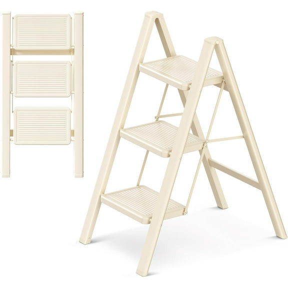 3 Step Ladder Folding Step Stool with Wide Anti-Slip Pedal, 330LBS Capacity, Lightweight Portable Stepladder for Home and Kitchen Use, Cream White