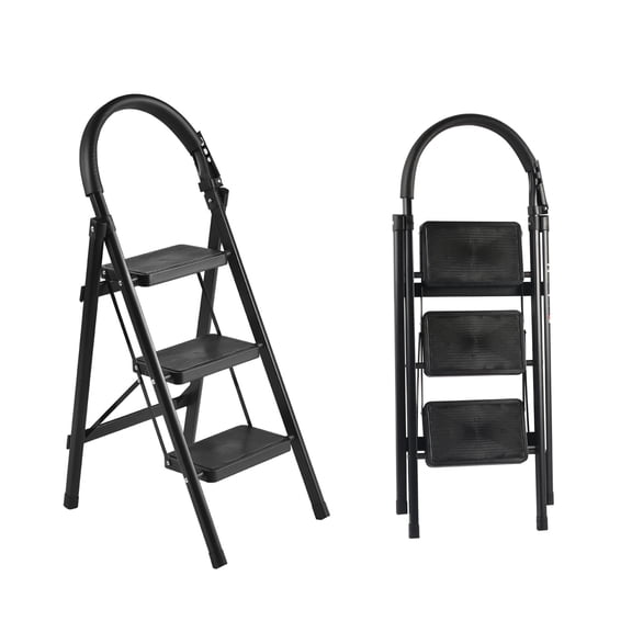 Takira Step Ladders,Adult 3 Step Folding Ladder with Padded Handrail,Metal Portable Ladder.Black