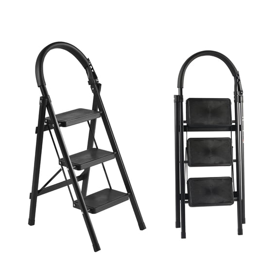 Takira Step Ladders, Adult 3 Step Folding Ladder with Padded Handrail, Metal Portable Ladder, Black