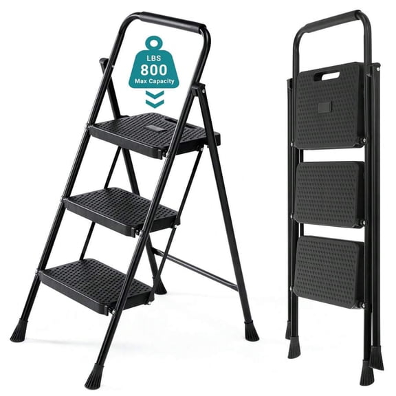 3 Step Ladder Folding Stool With Wide Anti-Slip Pedal 800lbs Heavy Duty For Home Kitchen And Outdoor Black